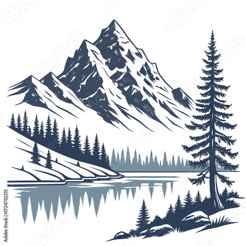 Vector art of scenic mountain landscape with a pristine lake reflecting the towering peaks and lush forest, creating a peaceful and picturesque view the air is fresh