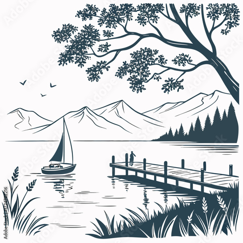 Vector art of tranquil lake scene with a sailboat gliding past a wooden pier, framed by lush trees and distant mountains, creating a serene and picturesque view