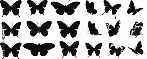 Butterfly silhouette collection, insect outline vector, flying butterfly shapes, decorative nature design, black insect pattern, CAD drawing flat vector illustration