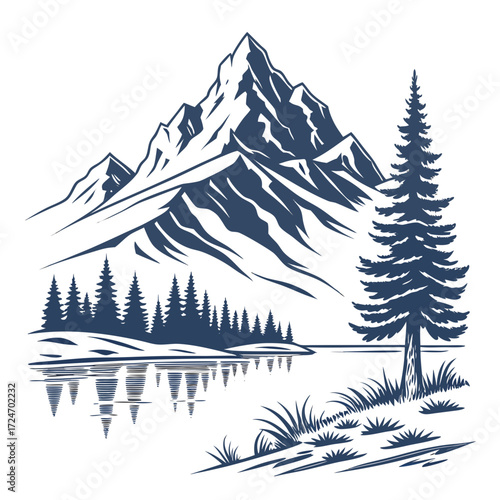 Vector art of majestic mountain peak rising above a serene lake, surrounded by lush pine trees and grassy shores, creating a tranquil scene the water reflects the sky