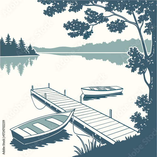 Vector art of a picturesque lake landscape featuring a wooden pier with two rowboats gently floating on the water, framed by trees and distant hills