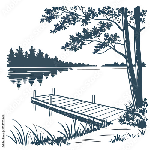 Vector art of a peaceful lake scene featuring a wooden pier extending into the calm water, surrounded by trees and lush vegetation, captured in a detailed sketch