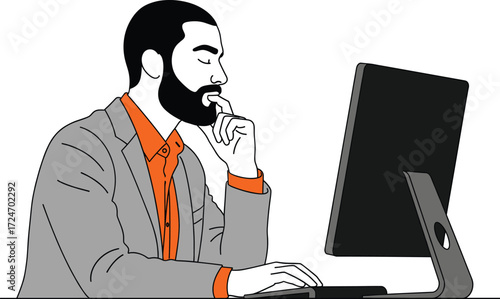 Man at desk, computer work, thoughtful pose, office setting, digital workspace, business attire, productivity, concentration, professional environment, decision-making