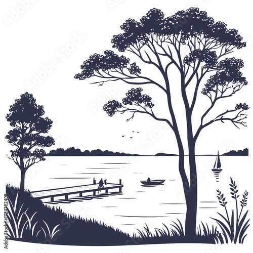 Vector art of monochrome vector illustration of a tranquil lakeside scene with trees, a wooden pier, people, a boat, and a sailboat, creating a peaceful and relaxing atmosphere