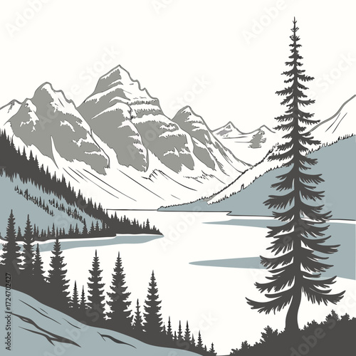 Vector art of a serene vector landscape illustration showcases majestic mountains reflected in a tranquil lake, framed by towering pine trees, evoking a sense of peacefulness and natural beauty