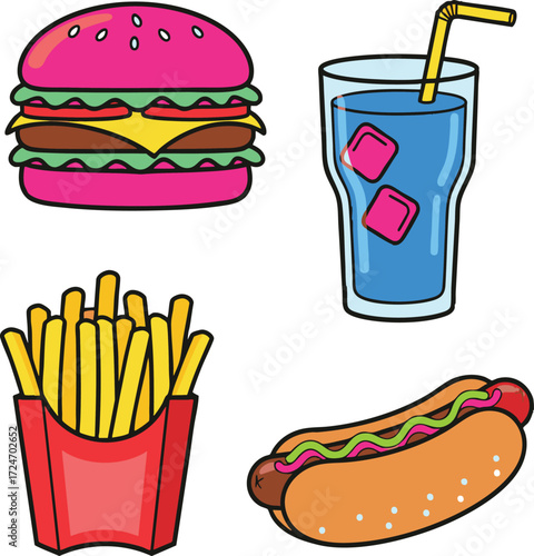 Colorful fast food meal with burger, fries, soda, and hot dog arranged on a white surface, showcasing a playful and vibrant theme.