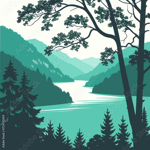 Vector art of a tranquil vector landscape with a winding river, misty mountains, and dense forests perfect for natureinspired designs, travel brochures, and promoting ecotourism