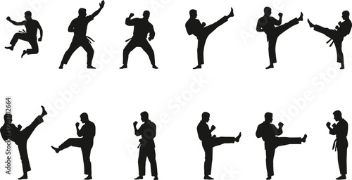 Martial arts silhouette vector set, karate kicks, taekwondo poses, fighter stances, self defense illustration, training, combat, discipline, sport, movement