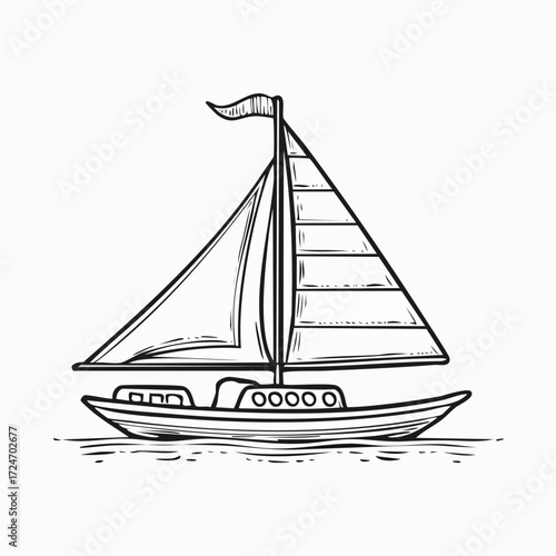 Sketch of a sailboat with two sails and a flag on a mast.