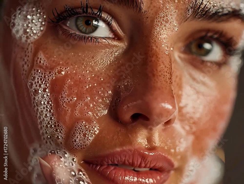 Woman washing face with foam cleanser for skincare routine. Extreme close-up shot focusing on her eyes, nose, and mouth for a beauty and health concept