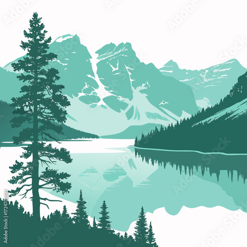 Vector art of a breathtaking alpine lake reflecting towering mountains and lush evergreen forests, creating a serene and majestic natural landscape
