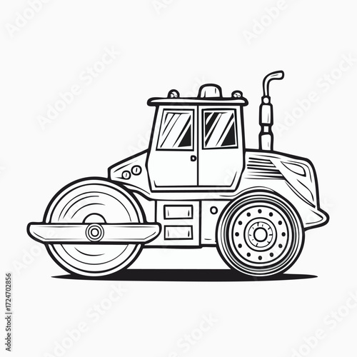 Illustration of a road roller, construction vehicle, black and white.