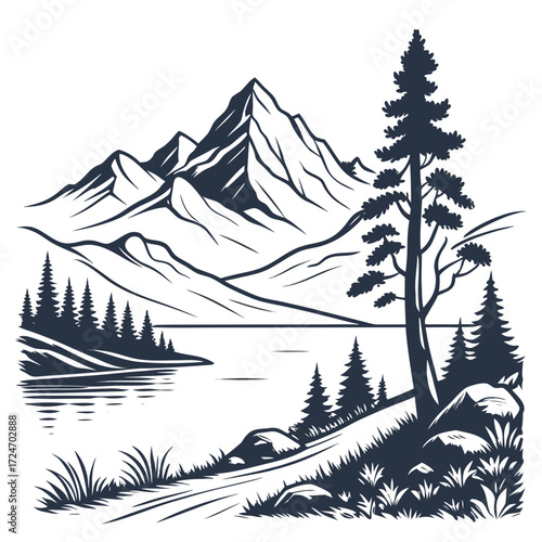 Vector art of a minimalist vector art depicts a majestic mountain range overlooking a serene lake, framed by tall pine trees and a winding path, creating a sense of adventure and tranquility