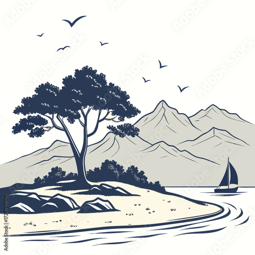 Vector art of a serene landscape illustration featuring a solitary tree on a sandy shore, with mountains in the background, birds soaring above, and a sailboat gently gliding on the water