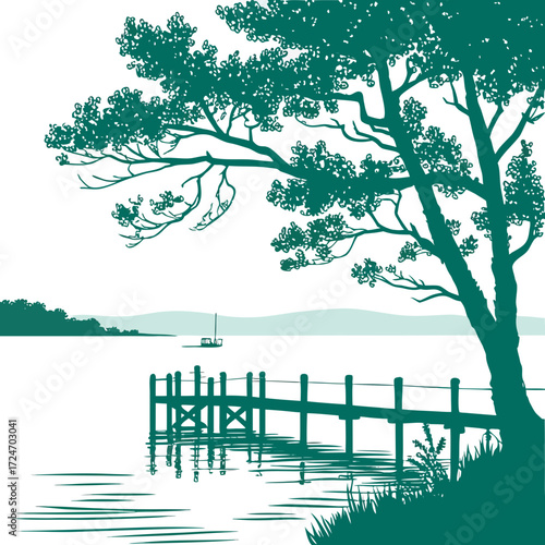 Vector art of a tranquil scene of a tree overlooking a lake, with a wooden pier extending into the water, and a sailboat in the distance
