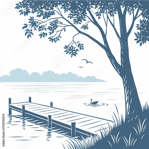 Vector art of a serene lakeside scene featuring a wooden pier extending into calm waters, framed by a silhouette of a tree with lush foliage, birds flying above, and a swan gracefully swimming
