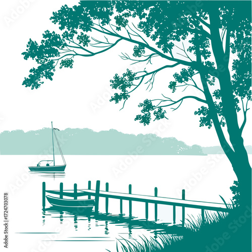 Vector art of a picturesque view of a tree by the lake, with a wooden pier, a sailboat, and a small boat, creating a serene and inviting atmosphere