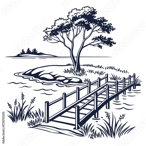 Vector art of a tranquil monochrome illustration showcases a treecovered island with a wooden pier extending into the water, creating a serene and picturesque landscape
