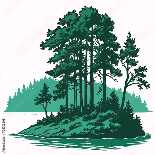 Vector art of a vibrant illustration depicts a lush, treecovered island in a serene lake, showcasing a picturesque natural landscape and inviting a sense of tranquility and escape