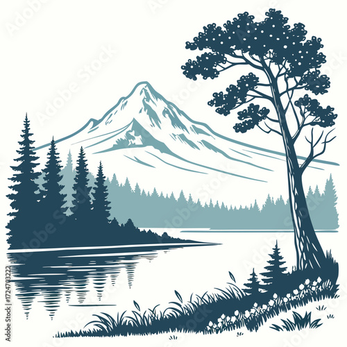 Vector art of a serene lake reflecting a majestic mountain range and a lush forest, with a solitary tree standing tall in the foreground, a tranquil and scenic view