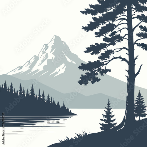 Vector art of a tranquil lake reflecting a snowcapped mountain and a dense forest, with a tall pine tree standing prominently on the shore, a peaceful and scenic landscape
