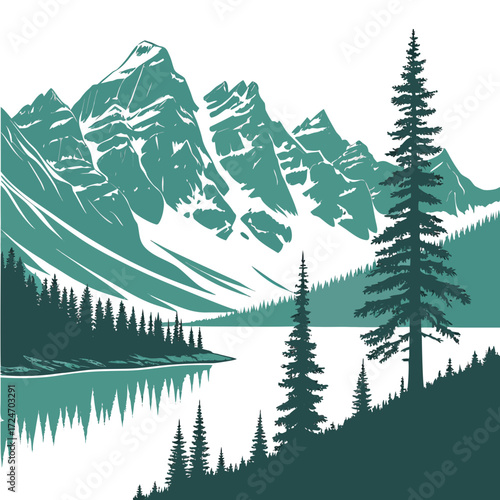 Vector art of a serene vector illustration of a lake surrounded by mountains and evergreen trees, capturing the essence of a peaceful natural landscape with a calming color palette