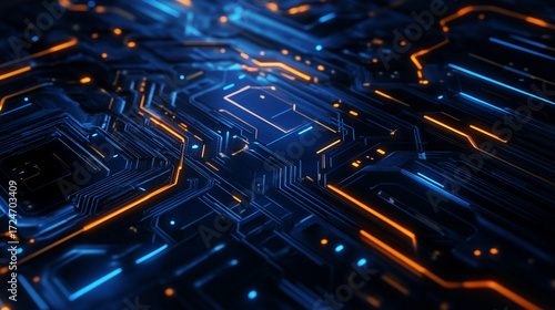 Close-up of Glowing Blue Circuit Board and Data Flow

