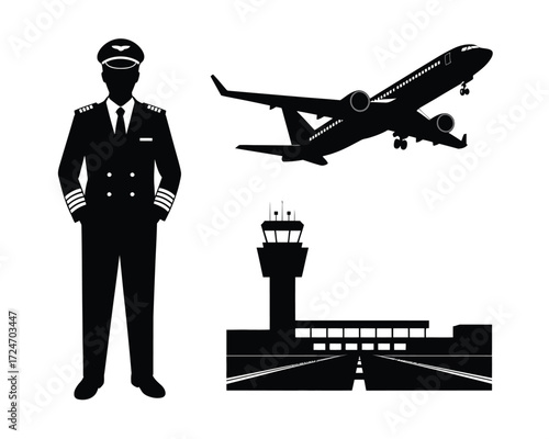 Black silhouette airline pilot airplane control tower airport runway vector