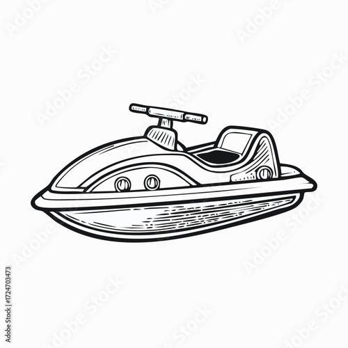 Detailed line art illustration of a jet ski on a white background.