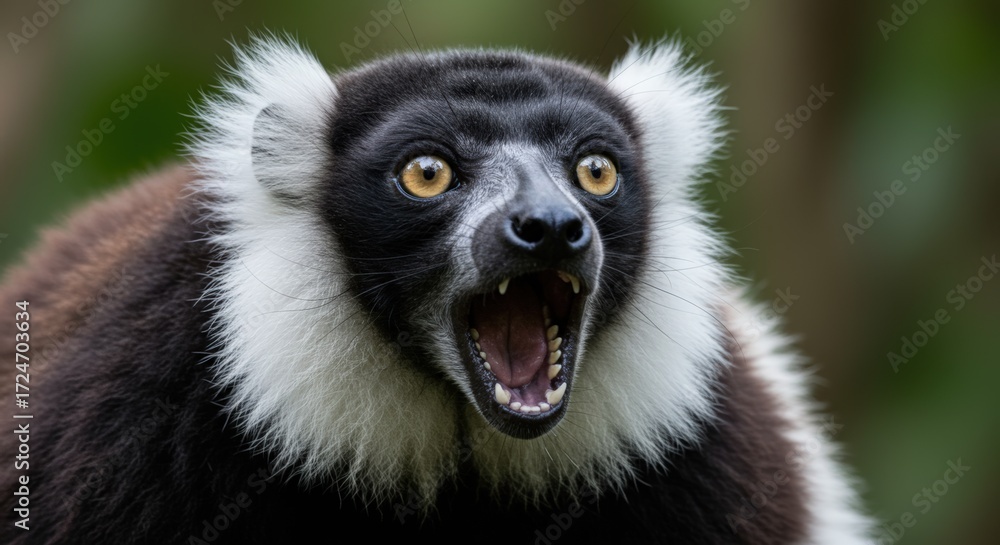 Naklejka premium Surprised black and white lemur close up