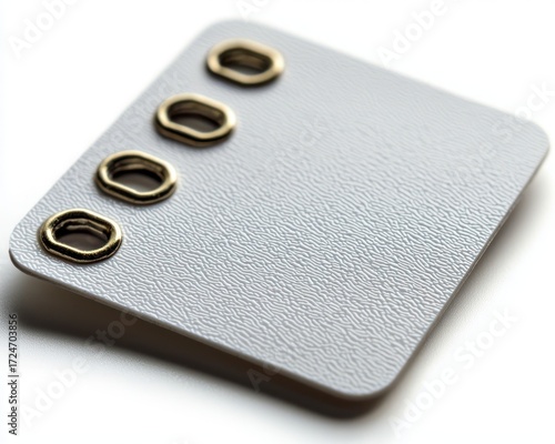 White textured tag with gold eyelets