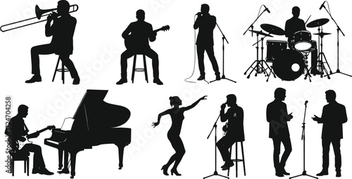 Musician silhouette vector set, band performance icons, singer, guitarist, pianist, drummer, dancer illustration, concert, stage, microphone, music, entertainment
