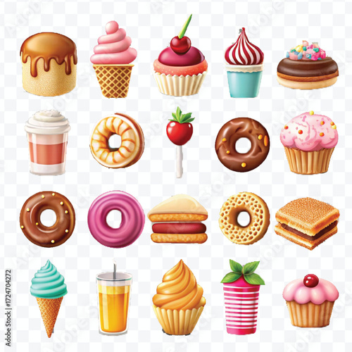 realistic 3d delicious food icons set isolated on transparent background