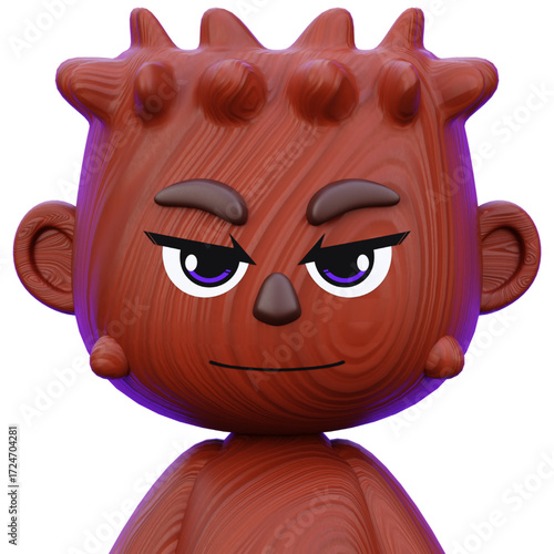 Wooden character with furrowed brow and distinctive textured head, resembling a cartoon toy figure in a 3D render