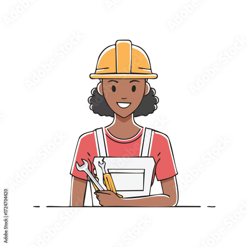 Illustration of a female construction worker holding tools.