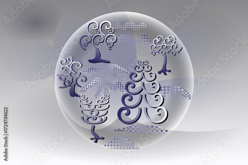 Fantasy swirls trees with rolling hills, circular composition and festive greeting card design in ornamental vector style