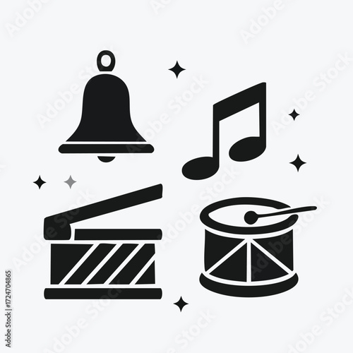 Musical instruments: bell, music note, wood block, and drum illustration.