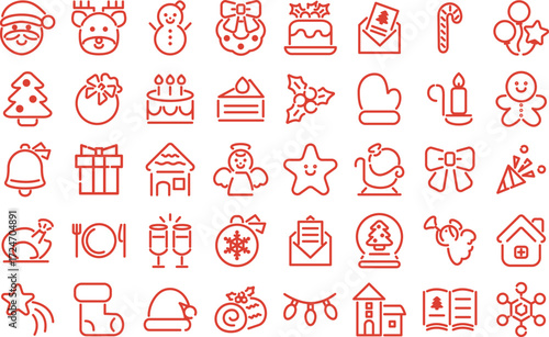 クリスマスのアイコンセット。サンタ、トナカイ、プレゼントなどの線画イラスト。ホリデー　冬