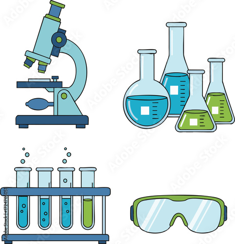 Microscope, beakers and test tubes sit on a lab table ready for scientific experiments in a sterile and clean environment, perfect for research and development.