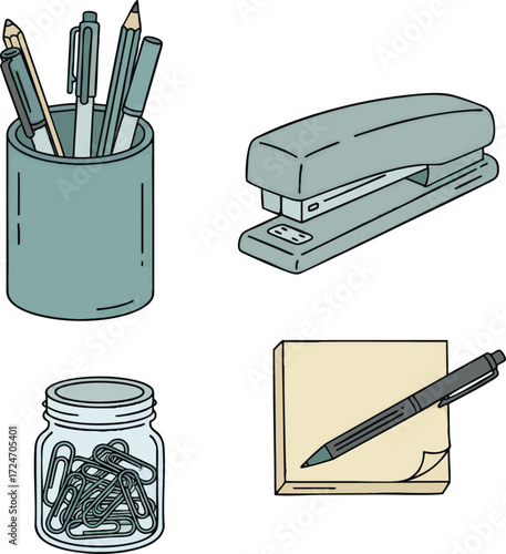 Office supplies arranged neatly on desk create organized workspace for enhanced productivity and focus in modern office setting.