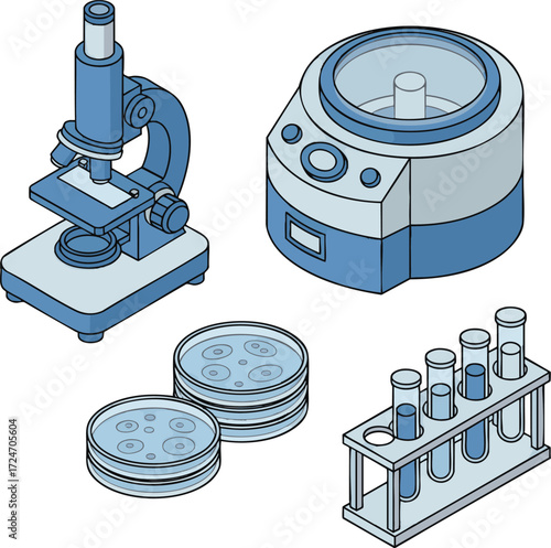 Microscope, centrifuge, petri dishes, and test tubes arranged in laboratory setting, representing scientific research and experimentation, rendered in clean, modern style.