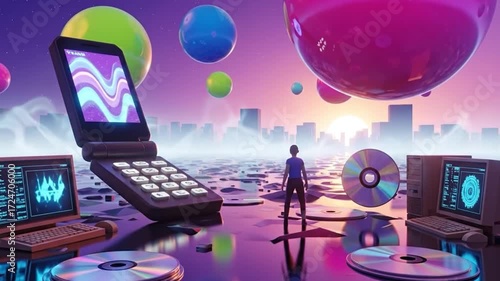 Retro-Digital Odyssey: Exploring a Dreamlike Landscape of Oversized Tech, CDs, and Floating Spheres y2k 