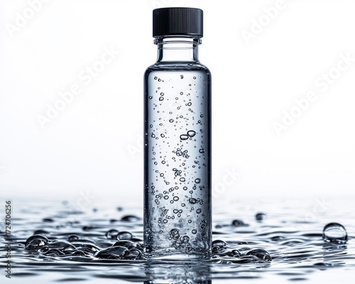Clear glass bottle with water droplets and bubbles