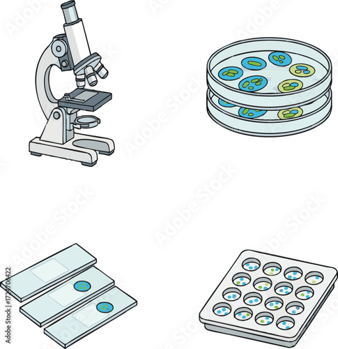 Microscope and petri dishes represent scientific research in laboratory for medical analysis and experiment, showcasing discovery and advancement.