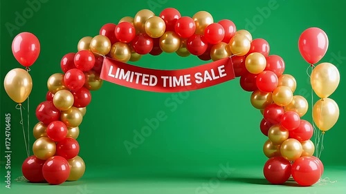 Festive balloon arch with 'Limited Time Sale' banner, perfect for grand openings and promotions.