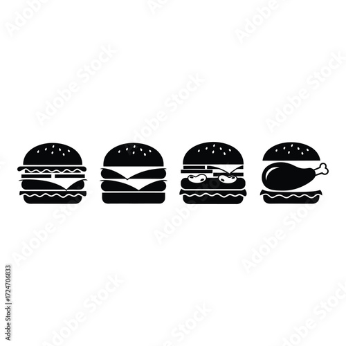 Diverse hamburger icons featuring different toppings and styles in silhouette
