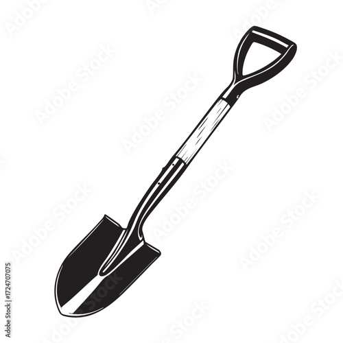 Shovel Illustration: An intricately detailed illustration presents a shovel, emphasizing its shape and design. The artwork skillfully captures the essence of this essential tool.