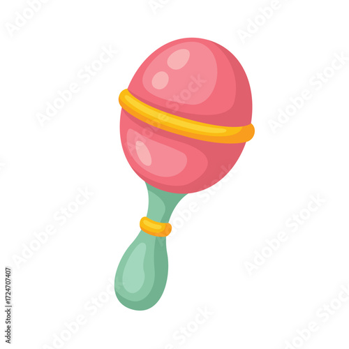 Pink and green baby rattle with gold rings