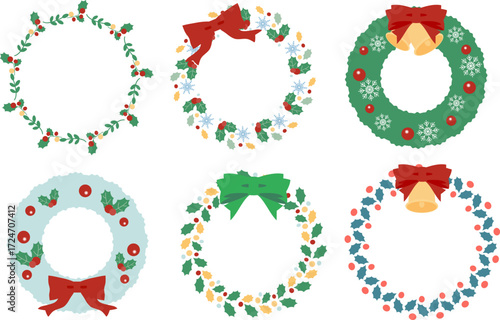 赤いリボンとオーナメントで飾られたクリスマスリースのベクターイラストのセット｜クリスマス, リース, リボン, 飾り, ベクター, オーナメント