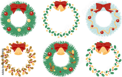 赤いリボンとオーナメントで飾られたクリスマスリースのベクターイラストのセット｜クリスマス, リース, リボン, 飾り, ベクター, オーナメント